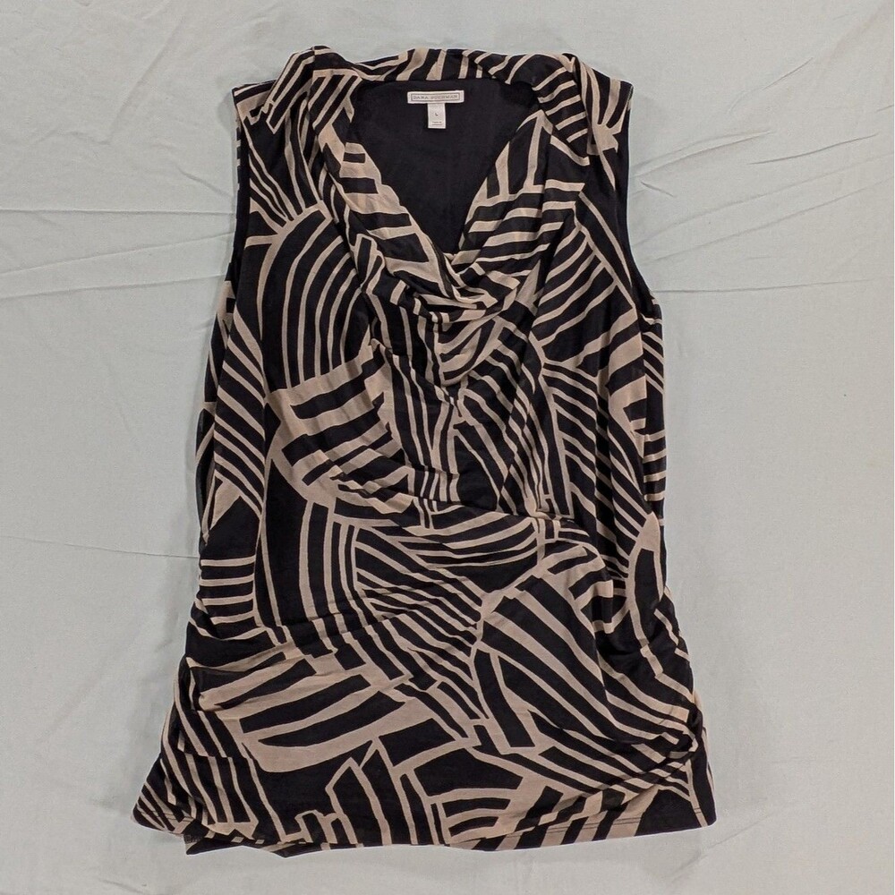 Dana Buchman Shirt Womens Large Cowl Neck Sleeveless Black/Brown Abstract Blouse